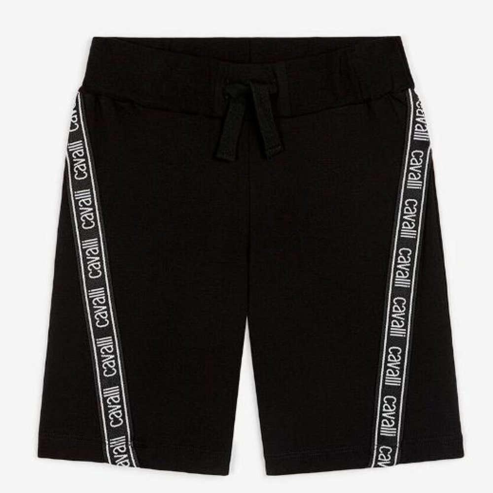 ROBERTO CAVALLI Men's Logo-Stripe Shorts Size M in Black